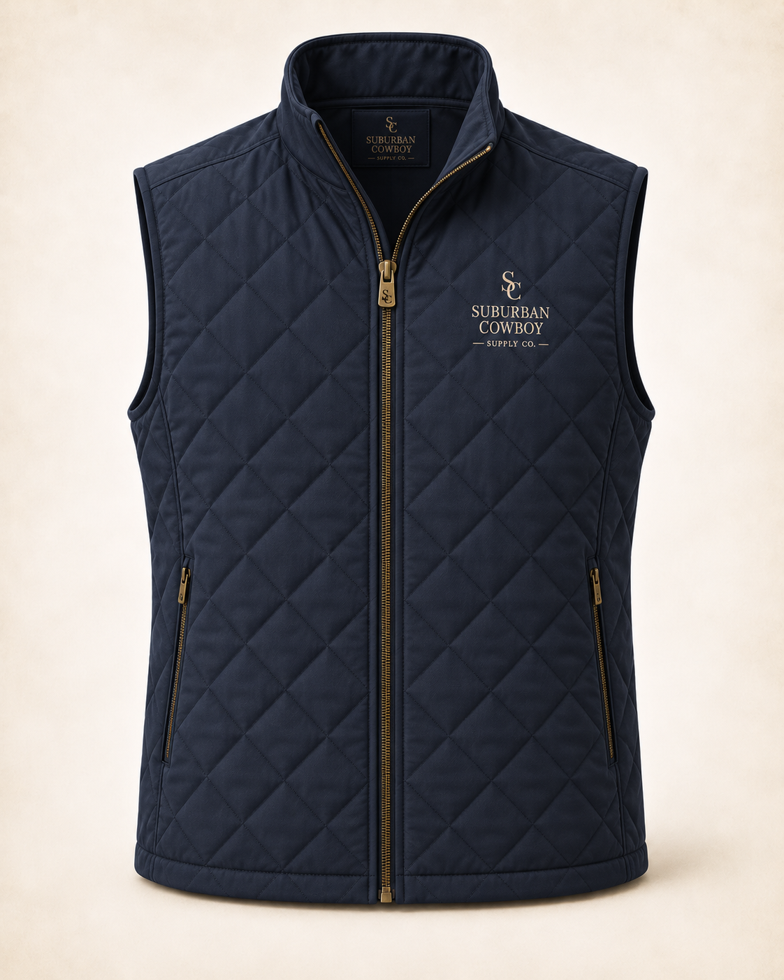 Navy quilted tech vest with embroidered SC crest