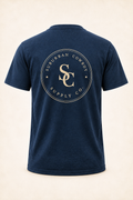 Navy cotton tee with the Suburban Cowboy Supply Co. crest across the back