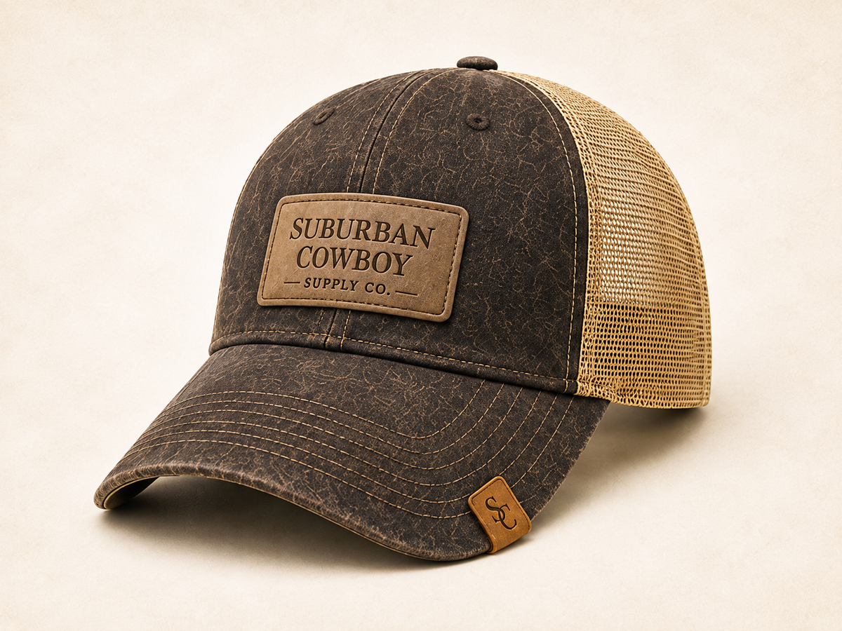 Brown trucker cap with mesh back and embroidered SC crest