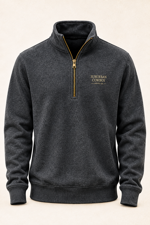 Charcoal quarter-zip pullover with embroidered SC crest