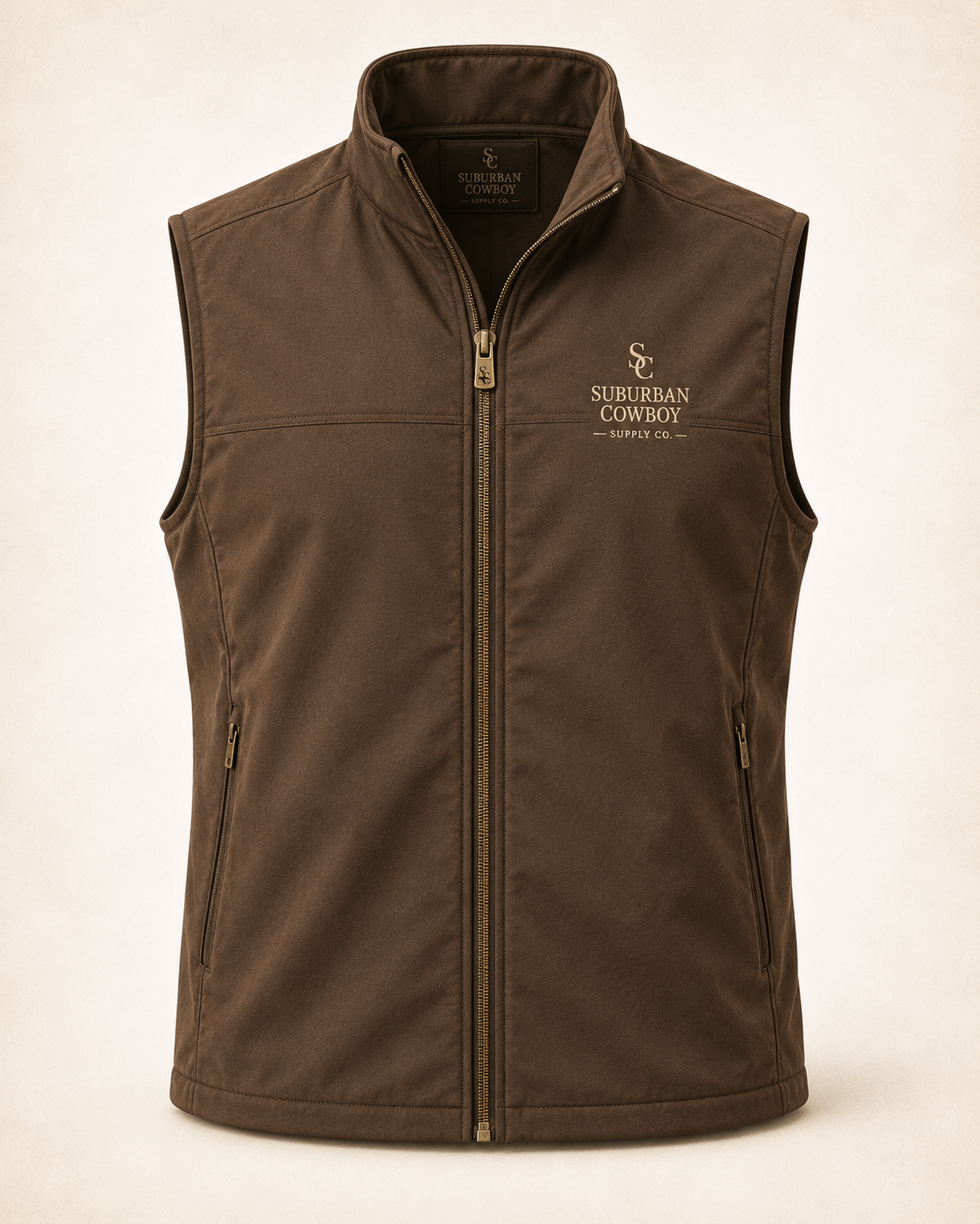 Brown waxed canvas vest with embroidered SC crest